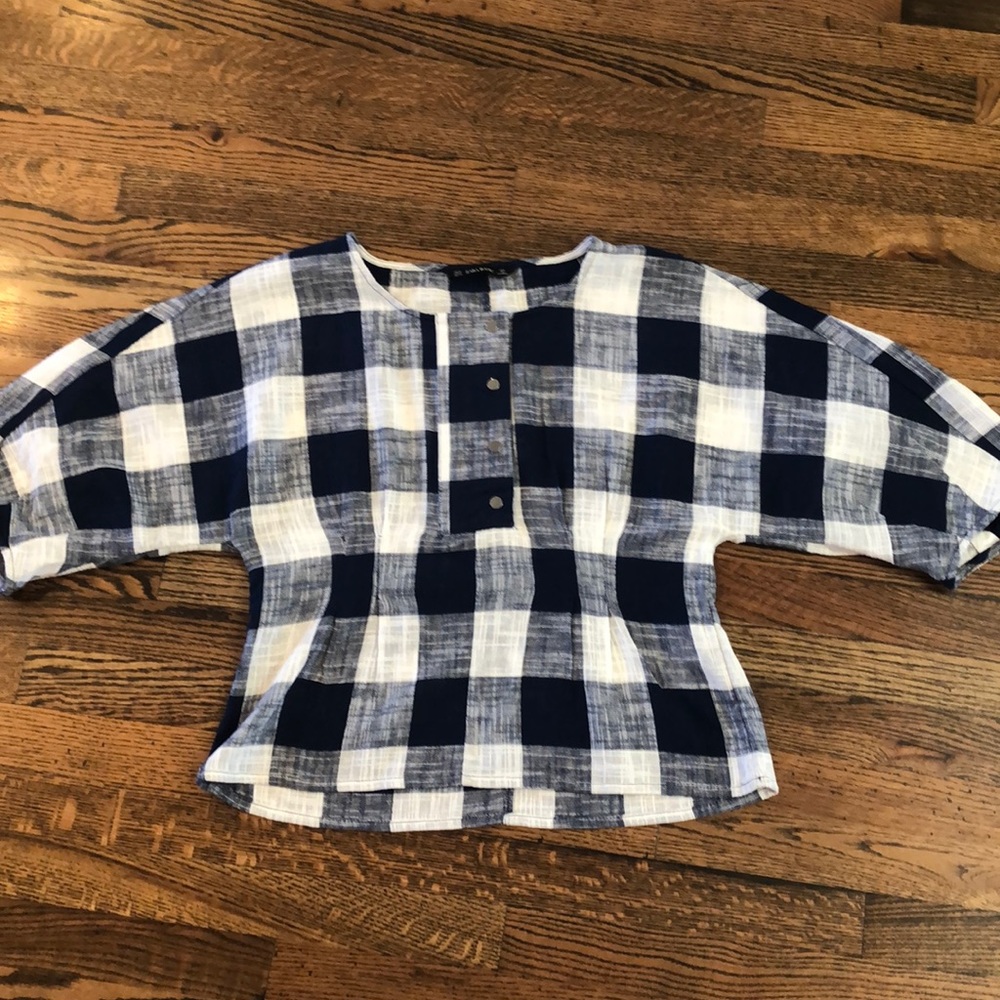 Zara basics checked gingham linen top sz M medium